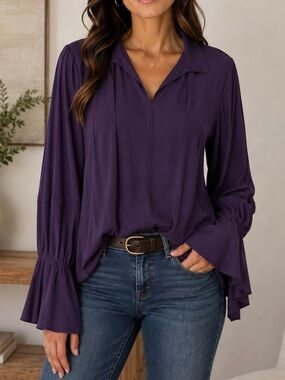 Maria Pinto Stretch Crepe Flowy V-Neck Long Sleeve Relaxed Blouse Purple Large